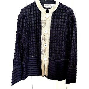 Vintage Flashback Women's M Black Tan Button Front Mandarin Collar Jacket Blazer